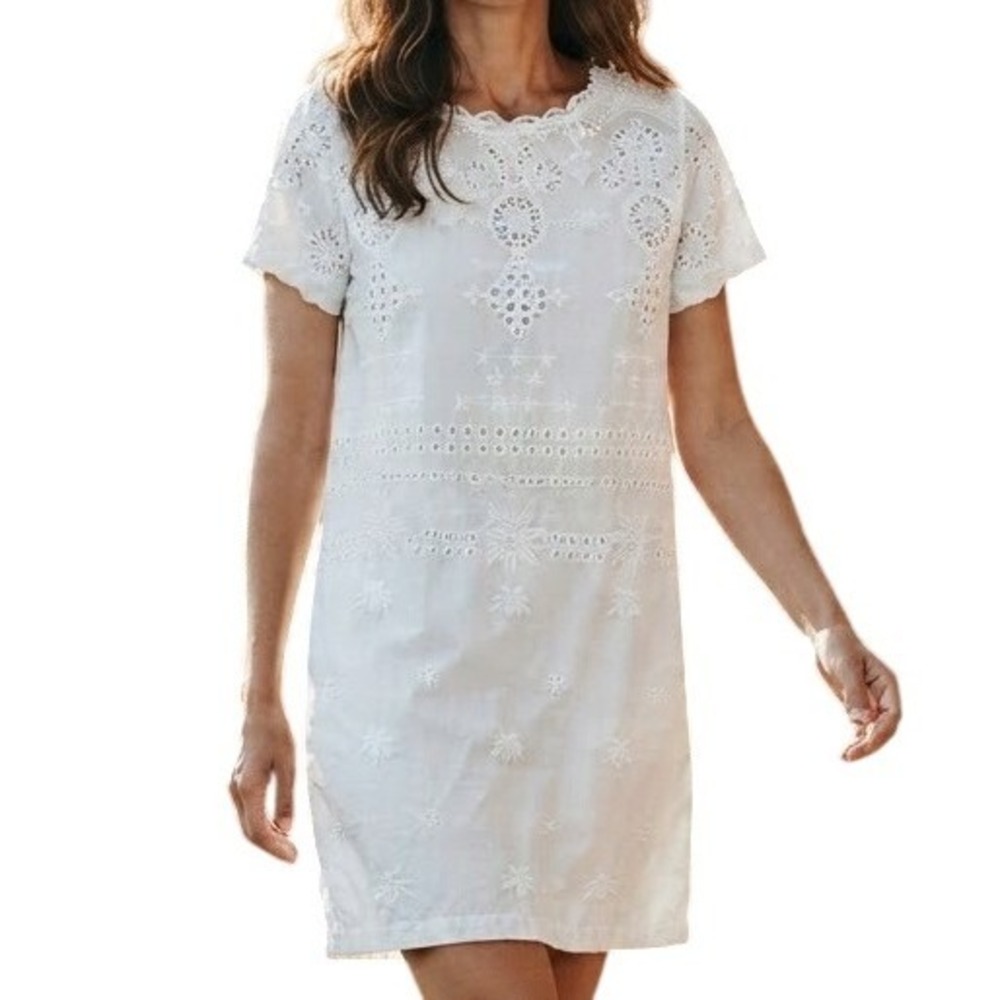 Johnny Was Shift Dress Women M White Eyelet Embroidered Boho Short Sleeve Rayon